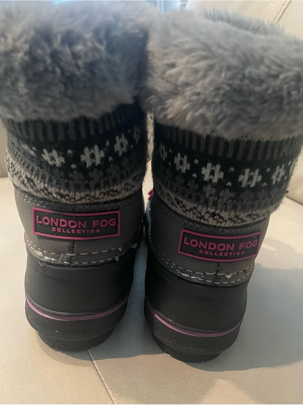 London Fog Grey Kids Snow Boots with Pink Accents